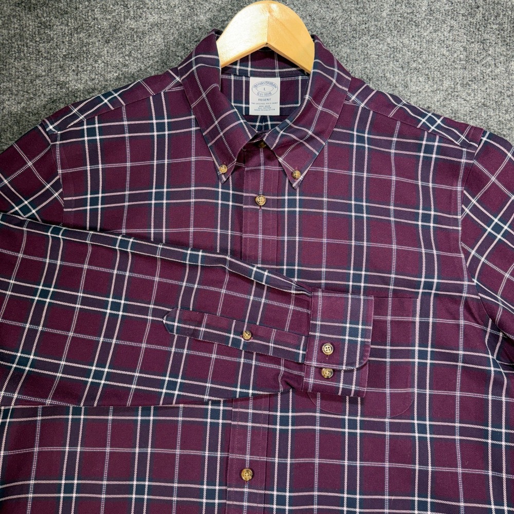 Brooks Brothers Oxford Shirt Men Large Burgundy Non-Iron Regent Windowpane Plaid